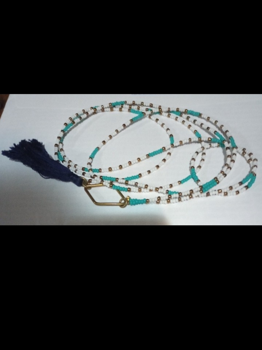 Handmade Turquoise & White Beaded Wrap Necklace with Navy Tassel
